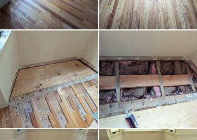 Images in six steps showing the phases of wood floor restoration