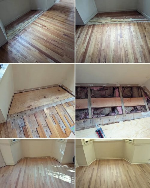 Images in six steps showing the phases of wood floor restoration