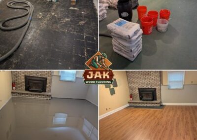 Image in four showing a wood floor restoration in a room in the various stages of completion