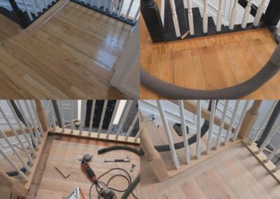 Image in four showing a wood floor restoration on a stair landing in the various stages of completion