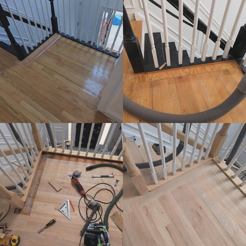 Image in four showing a wood floor restoration on a stair landing in the various stages of completion