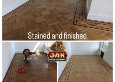 Image in three showing the before, sanded and finished floor by JAK