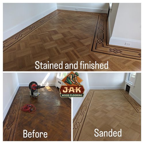 Image in three showing the before, sanded and finished floor by JAK